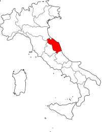 Mapa de Italia con Le Marche marcado en rojo